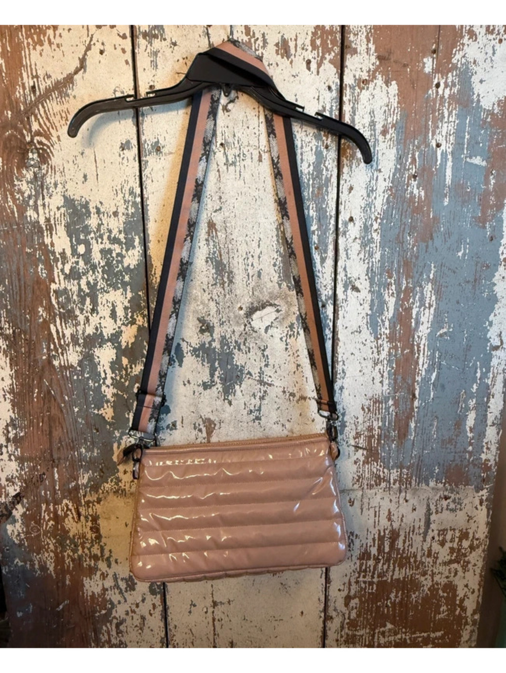 Think Royln Puffer crossbody purse Tan black snakeskin strap + cosmetic bag